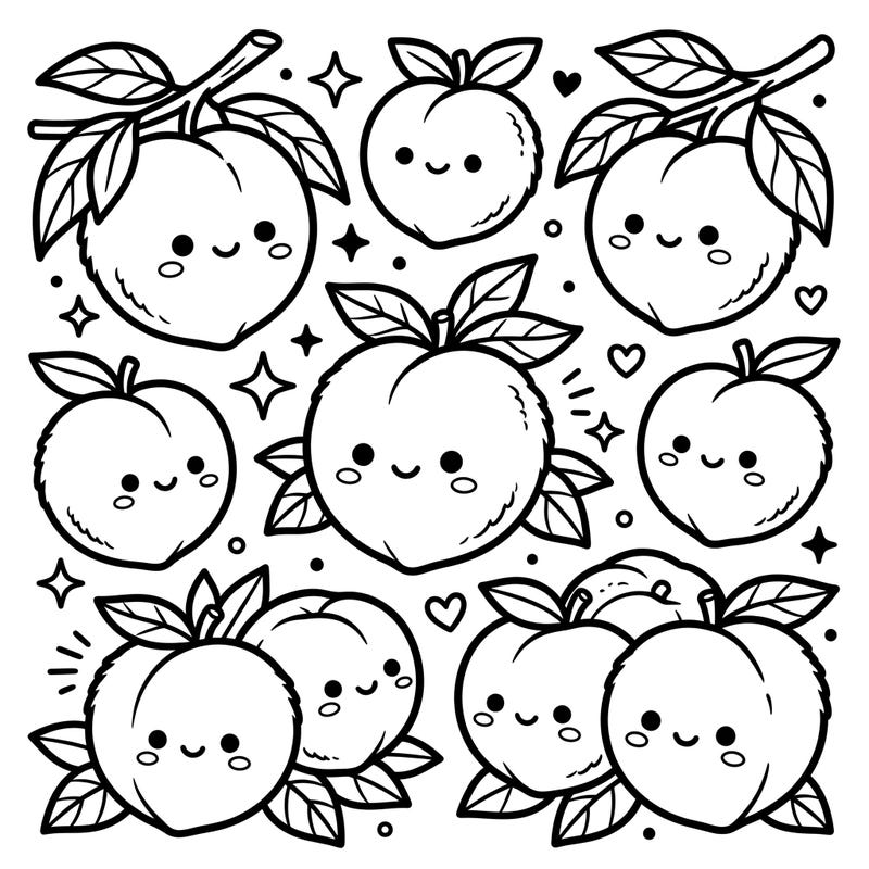 Dive into a world of cuteness with this adorable kawaii peaches coloring page, perfect for little hands. Kids will love bringing these happy, round fruits and charming details to life with their favorite colors.