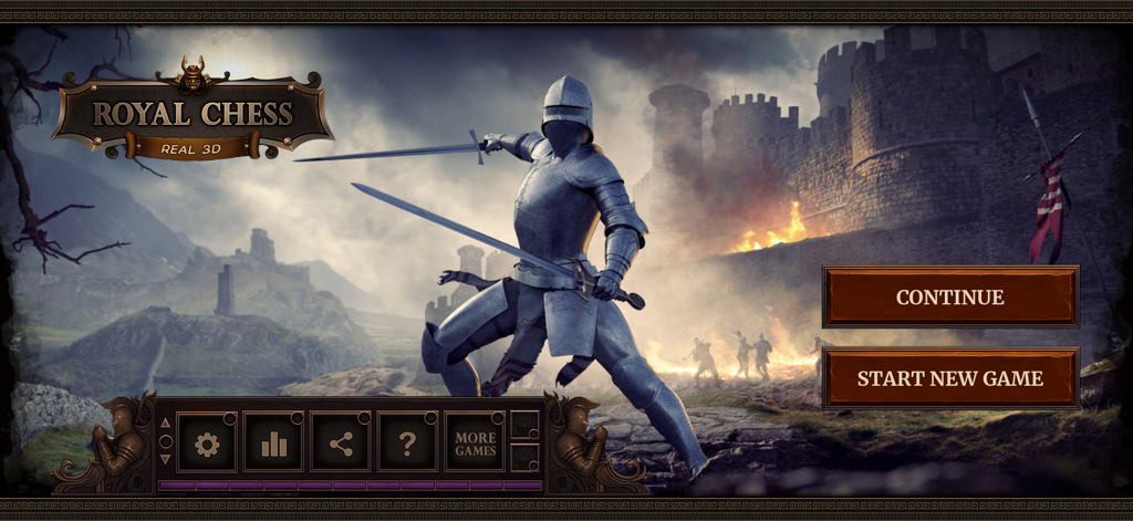 Menú principal del juego Royal Chess 3D con un caballero medieval con armadura y un fondo de castillo en llamas