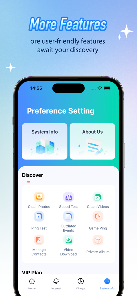 Dolphin Clean - Smart Cleaner - Dolphin Clean アプリのインターフェース。様々なシステムユーティリティとストレージクリーニング機能が表示されています。
