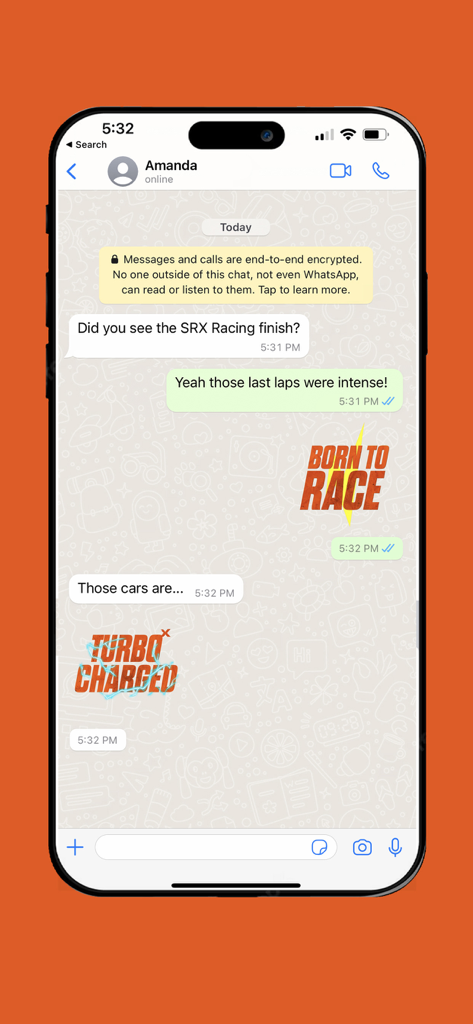 A WhatsApp chat conversation using Born to Race and Turbo Charged racing stickers.