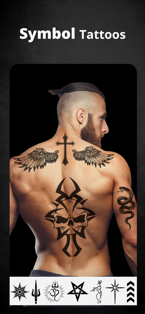 Tattoo Maker Design Editor - Virtual tattoo editor app showing a man's back with various symbol tattoo designs