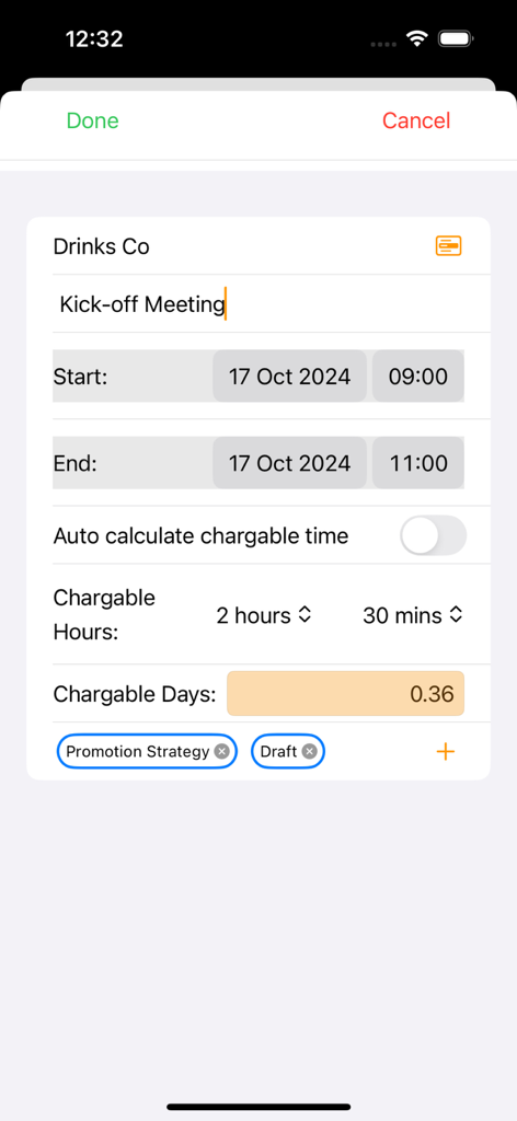 Time Logger - Time Logger app screen showing manual entry for chargeable hours and meeting tags