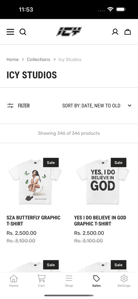 Wear Icy app displaying the Icy Studios graphic t-shirt collection