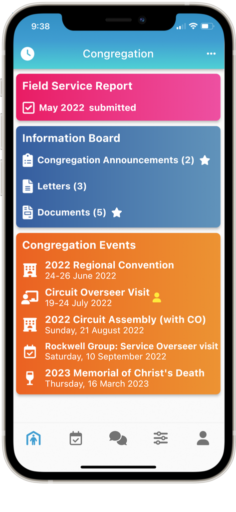 NW Publisher - NW Publisher app congregation screen showing field service report status, information board, and upcoming events like conventions and assemblies