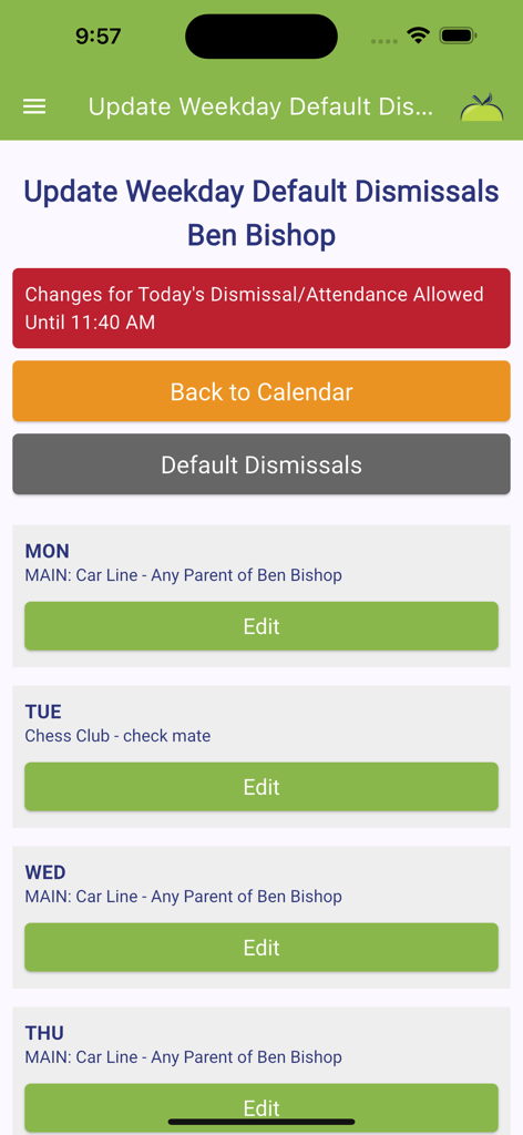 School Dismissal Manager (SDM) - Interface for updating weekly default school dismissal schedules for a student