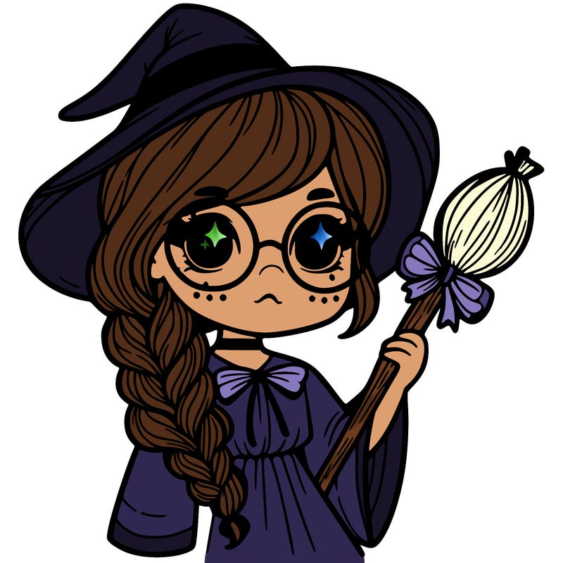 a witch with a braid and two glasses