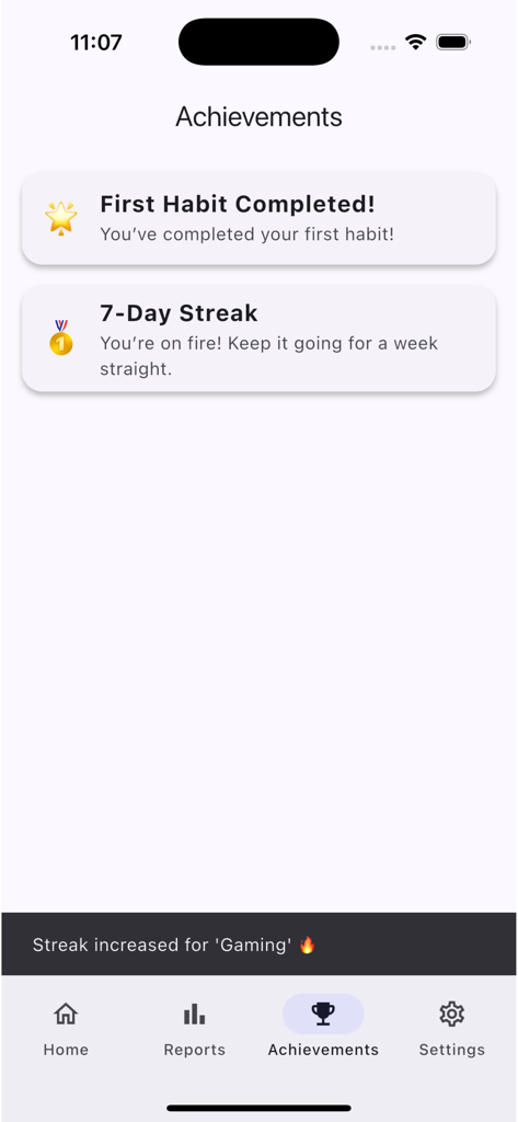 Pantalla de logros en la aplicación StreakUp Habit que muestra el primer hábito completado y los hitos de rachas de siete días