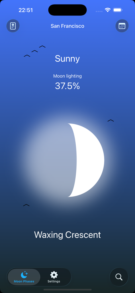 Moon Phases - Lunar Calendar - Mobile app interface showing a waxing crescent moon with thirty-seven percent illumination.