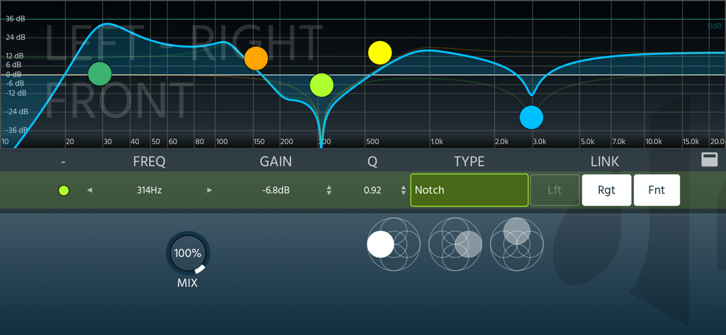 Interface de l'application ab EQ X montrant un égaliseur Ambisonique multi-bandes avec des courbes de réponse en fréquence et des contrôles de filtre.
