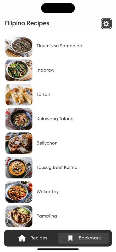 A list of traditional Filipino recipes with photos and dish names on a mobile app interface