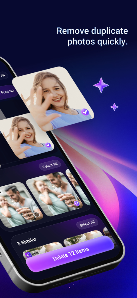Quick Cleaner:Clean Up Storage - Quick Cleanerアプリのインターフェース。重複写真の選択と、iPhoneのストレージを解放するためのワンタップ削除ボタンが表示されています。