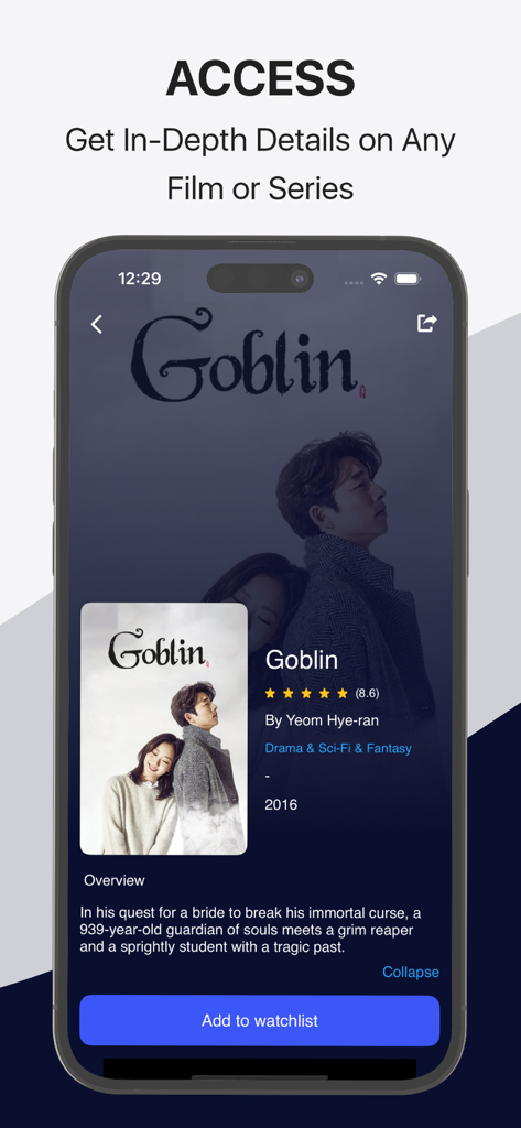 Página de detalles de series detallada en la aplicación Time movies que muestra calificaciones y un resumen de Goblin