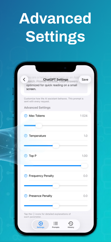 Prompt Watch - Advanced AI settings on iPhone for Prompt Watch app including Max Tokens and Temperature controls