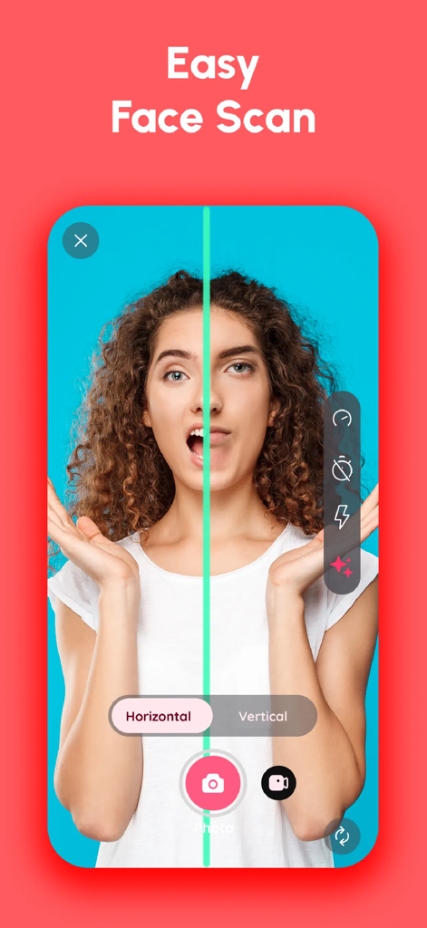 Time warp scan: Face warp - Una mujer joven usando la función de escaneo facial fácil para crear una cara distorsionada divertida con una línea de escaneo vertical.