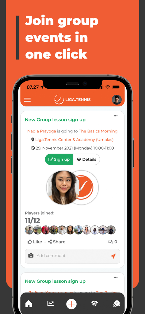 Smartphone screen displaying the Liga App interface for signing up for a group tennis lesson