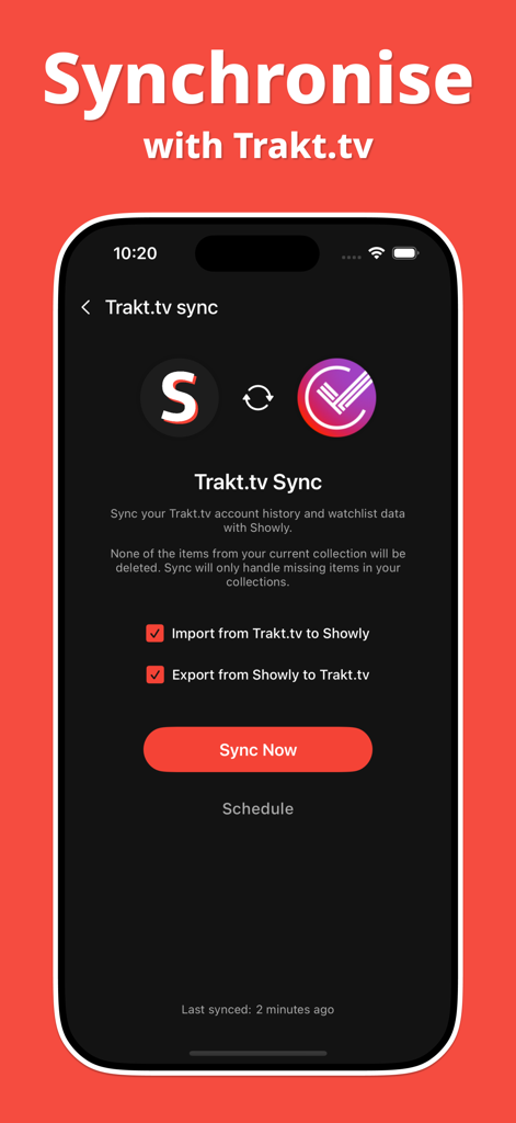 Track Shows & Movies - Showly - Showly app Trakt.tv synchronization settings screen on an iPhone