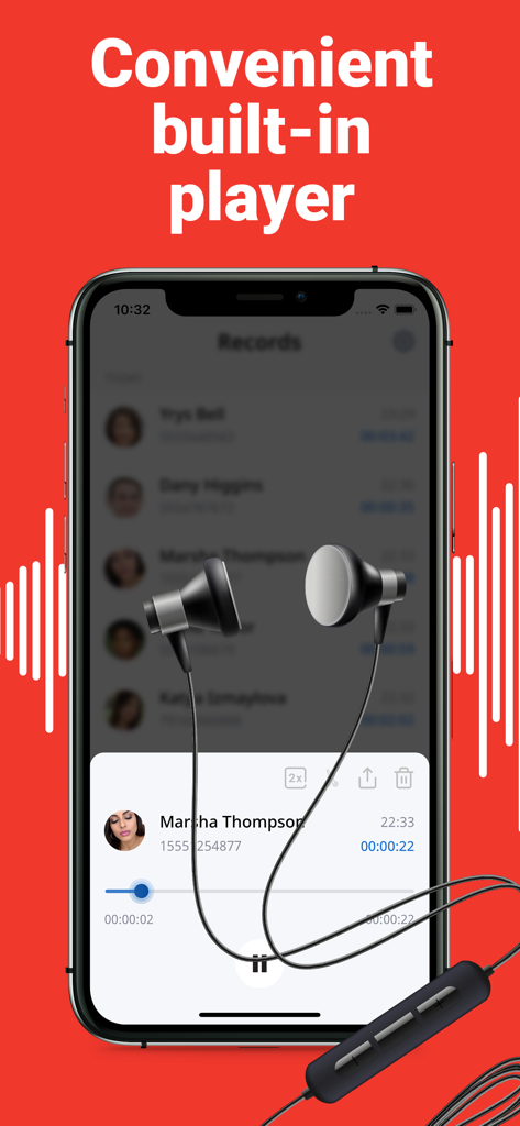 Call Recorder HD - iPhone screen showing the built-in audio player of the Call Recorder HD app