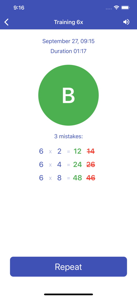 Multiplication Table. Trainer - Results screen showing a grade B for a multiplication training session with a list of mistakes
