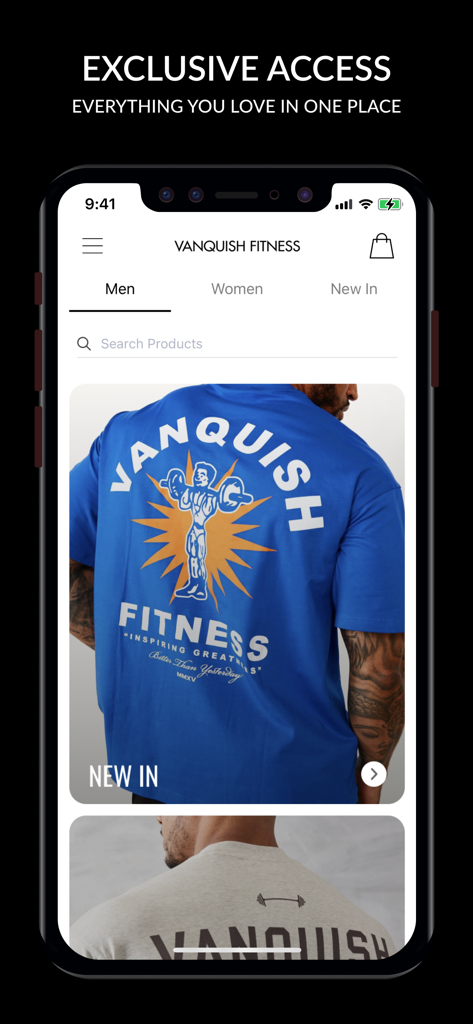 Vanquish Fitness - Interface de l'application mobile Vanquish Fitness montrant l'accès exclusif à la collection homme et aux nouveautés.