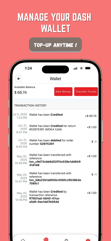 Dash Me: BVI's Food Delivery - Interfaz de billetera de la aplicación Dash Me que muestra el saldo y el historial de transacciones.