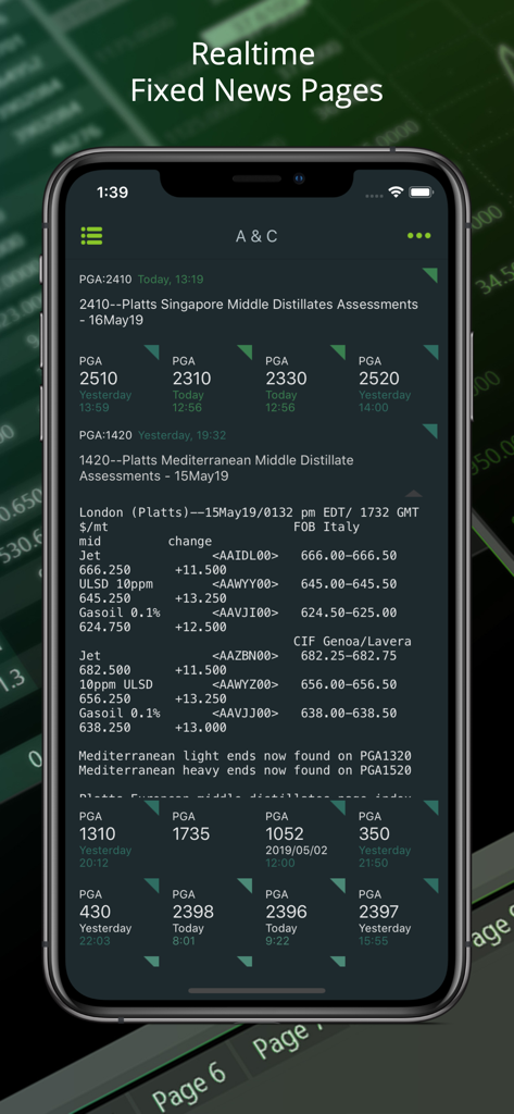 MarketView app interface displaying real-time energy market news and commodity price assessments.