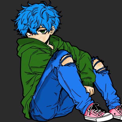 a male hoddie ripped jeans messy hair anime