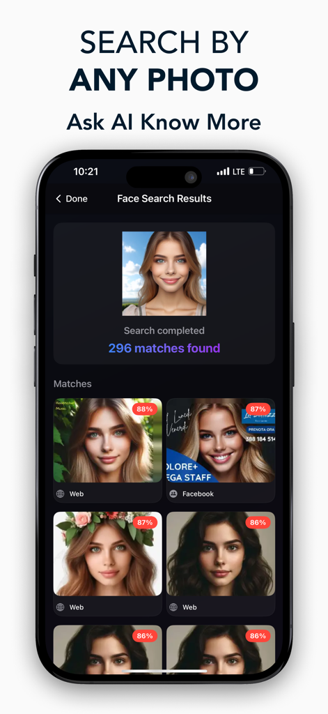 Screenshot of Deep Truth AI Search app showing face search results with image matches from across the web
