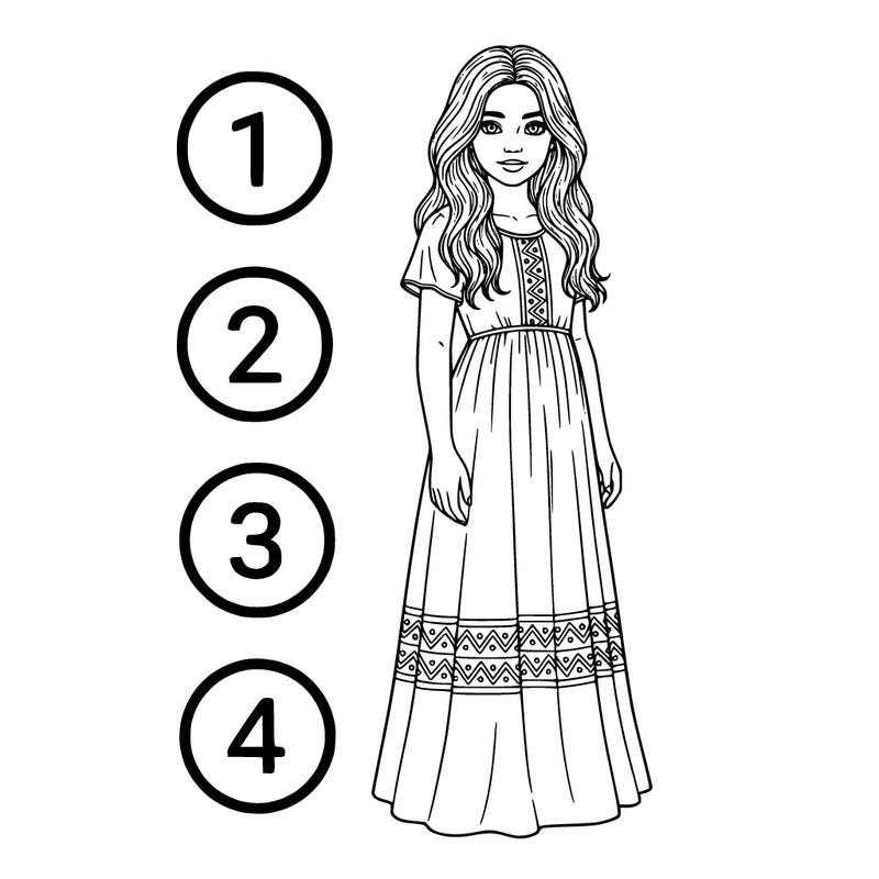 a girl with a bunch of circles on the side of the drawing next to her with numbers 1 2 3 and 4 and no background tall realistic girl