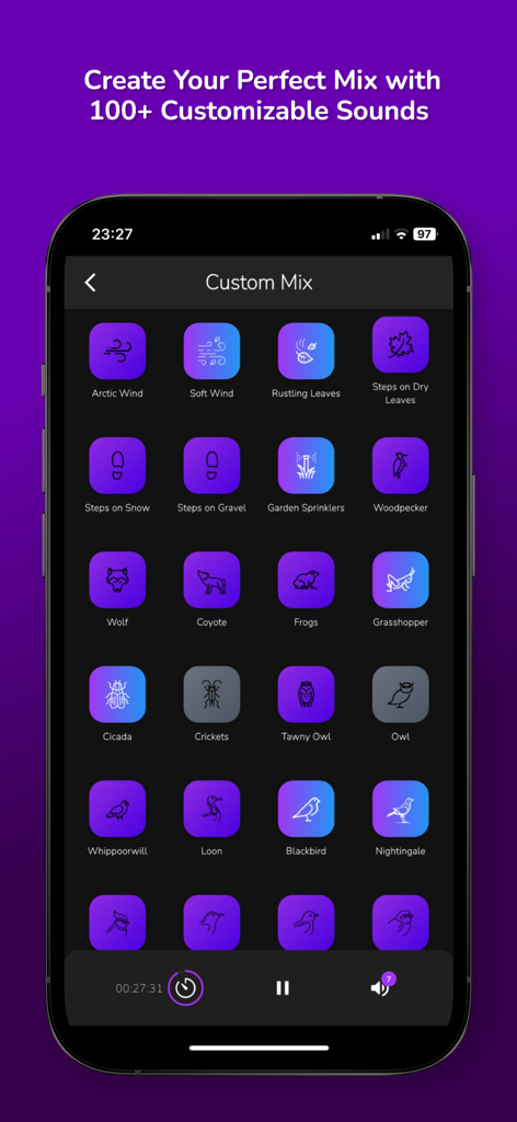 Sleep Sounds • Alarm & Tracker - Interfaz de la aplicación Slumberspace mostrando una cuadrícula de iconos de sonido personalizables como viento y pájaros para crear mezclas para dormir.