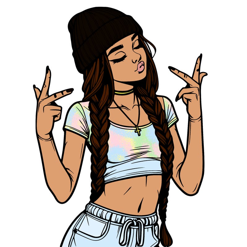realistic teenage girl with braids and a beanie and crop top doing 🫶🏼