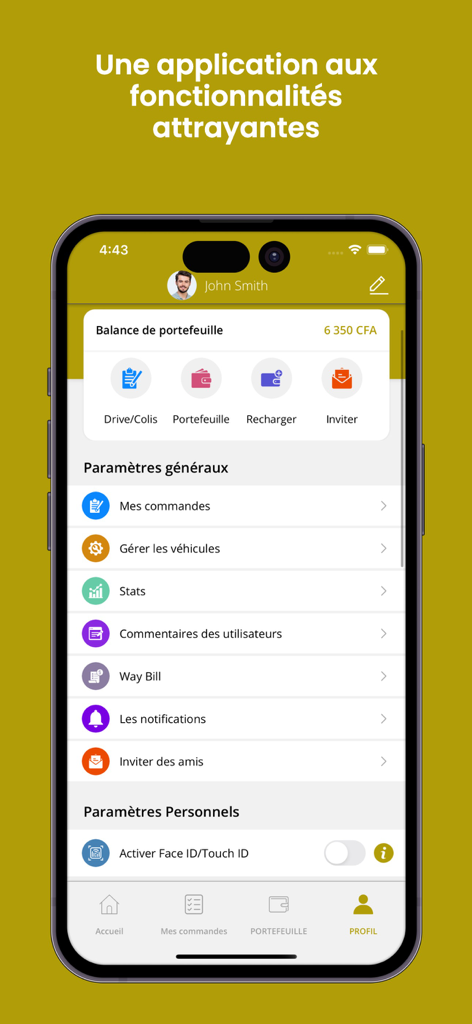 Okalm Driver - The profile dashboard of the Okalm Driver app showing account balance, vehicle management, and earnings statistics.
