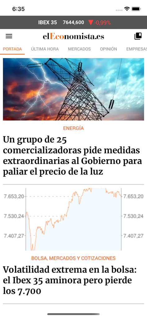 elEconomista.es - Mobile app interface of elEconomista showing financial news headlines and stock market data