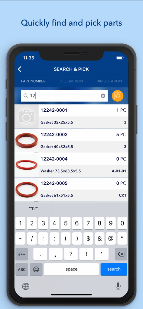 倉庫内の産業用予備部品を検索およびピッキングするためのePIMSモバイルアプリインターフェイス