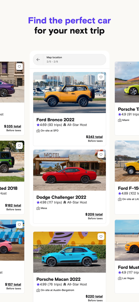Turo app interface showing diverse rental car listings including a Ford Bronco and Dodge Challenger with ratings and prices.