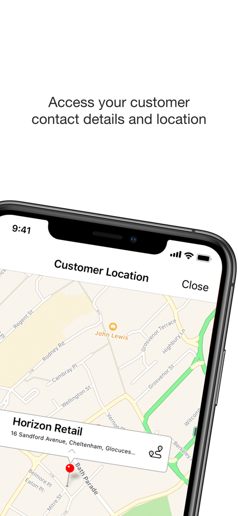 PixSell 3 - PixSell 3 app screenshot showing a customer location on a map with contact details for field sales reps
