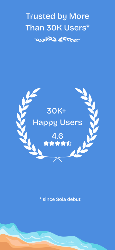 Sola UV app trust screen showing over thirty thousand happy users and a four point six star rating