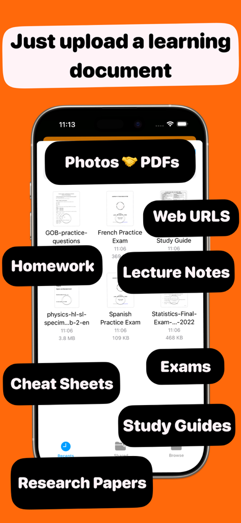 Flashcards Maker - DeckUp - iPhone interface showing various document upload options for flashcard generation including PDFs photos and web URLs