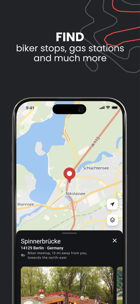 calimoto motorcycle routes - Calimoto app interface showing a map with a pinned biker meetup location and nearby gas stations