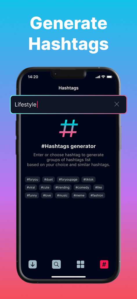 EasyTox app interface showing the hashtag generator screen with lifestyle search and trending tag suggestions