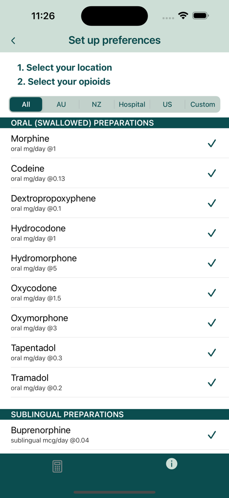 Preferences setup screen in the Opioid Calculator app for selecting location and specific opioid medications.
