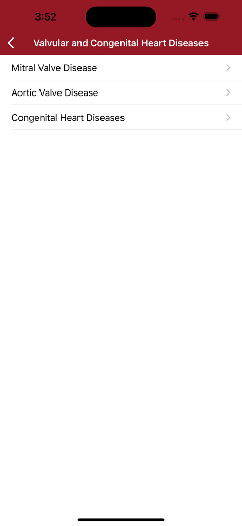 Ein Menübildschirm mit medizinischen Lernthemen für Herzklappenerkrankungen und angeborene Herzerkrankungen, einschließlich Mitral- und Aortenklappenerkrankungen.