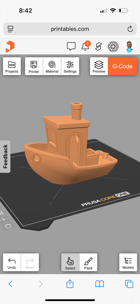 A 3D model of a boat on a virtual print bed in the EasyPrint mobile interface