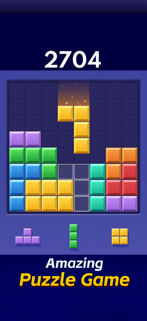 Block Blast - New Puzzle Games - 블록 블라스트에서 떨어지는 도형과 높은 점수를 보여주는 다채로운 블록 퍼즐 그리드.