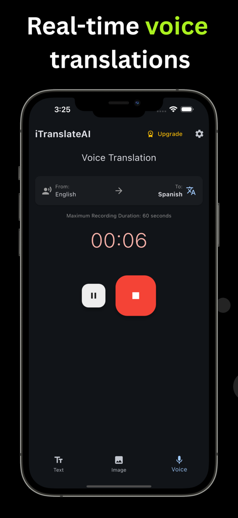 Mobile app interface showing real-time voice translation from English to Spanish