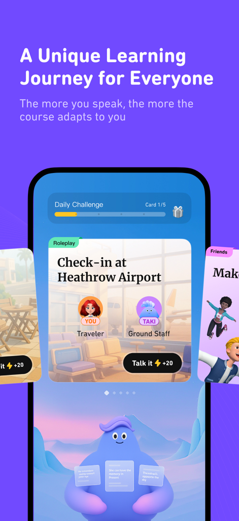 Talkit: Your AI Language Mate - Talkit app interface showing a personalized learning journey and airport check-in roleplay with an AI character.