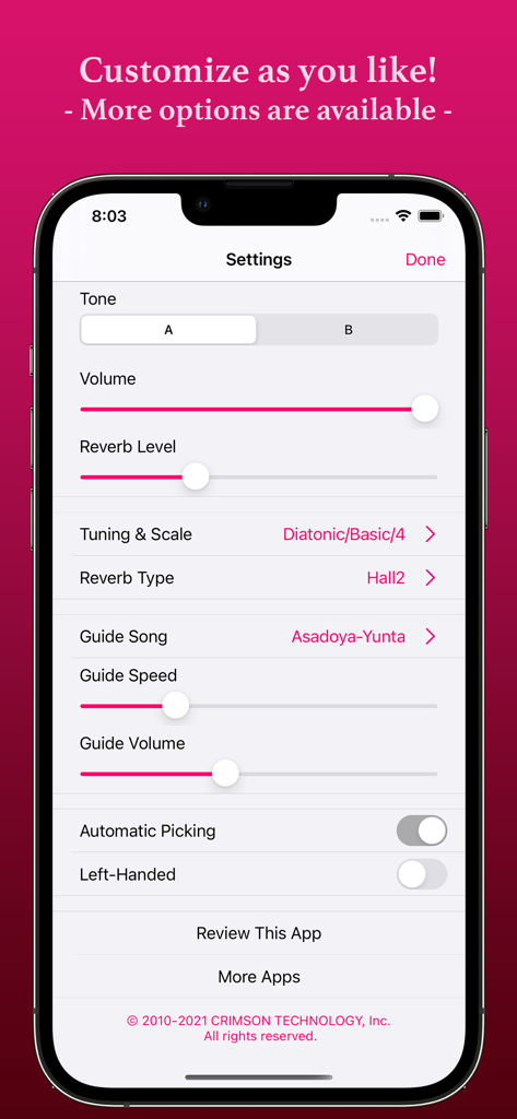 Sanshin - The settings screen of the Sanshin app showing options for sound customization volume reverb and song guides