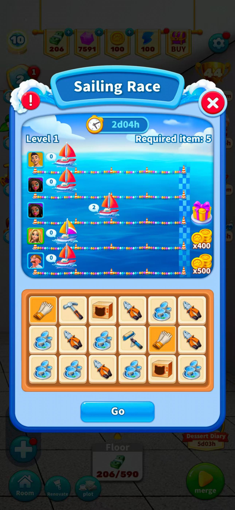 Merge Designer - Decor & Story - Sailing Race event screen in Merge Designer game showing sailboat competition and tool merge grid