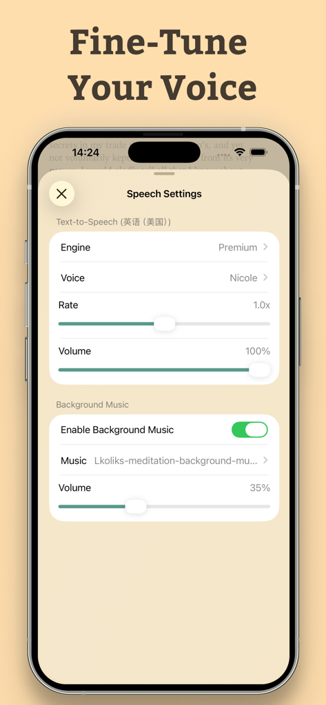 Aurader speech settings screen showing voice rate volume and background music controls