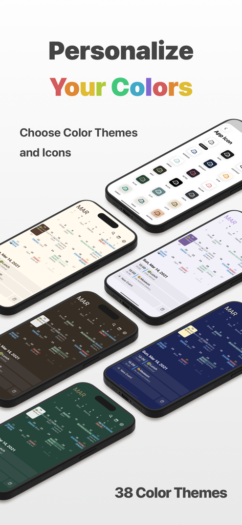 minical - Planner & Calendar - Exibição de vários temas de cores e ícones de aplicativos para o aplicativo de calendário minical.