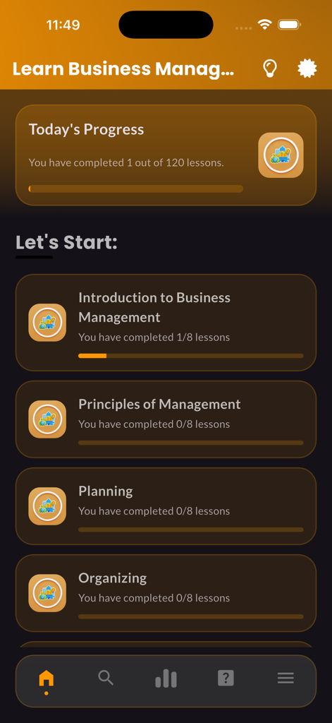 Learn Business Management - Mobile app screen showing business management lessons and student learning progress.